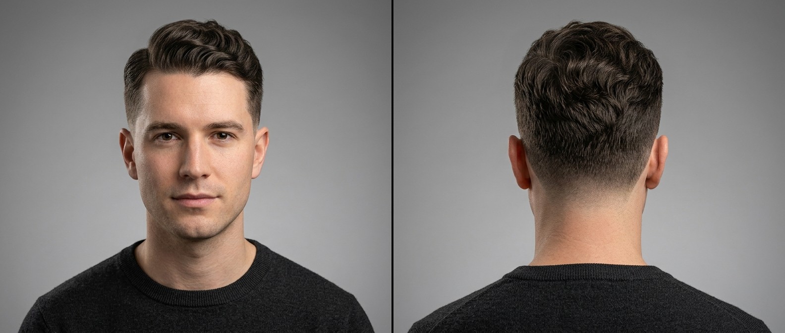 Front and back view of a classic wavy regulation cut featuring a precision taper fade, deep side part, and short textured top on a Caucasian male model.