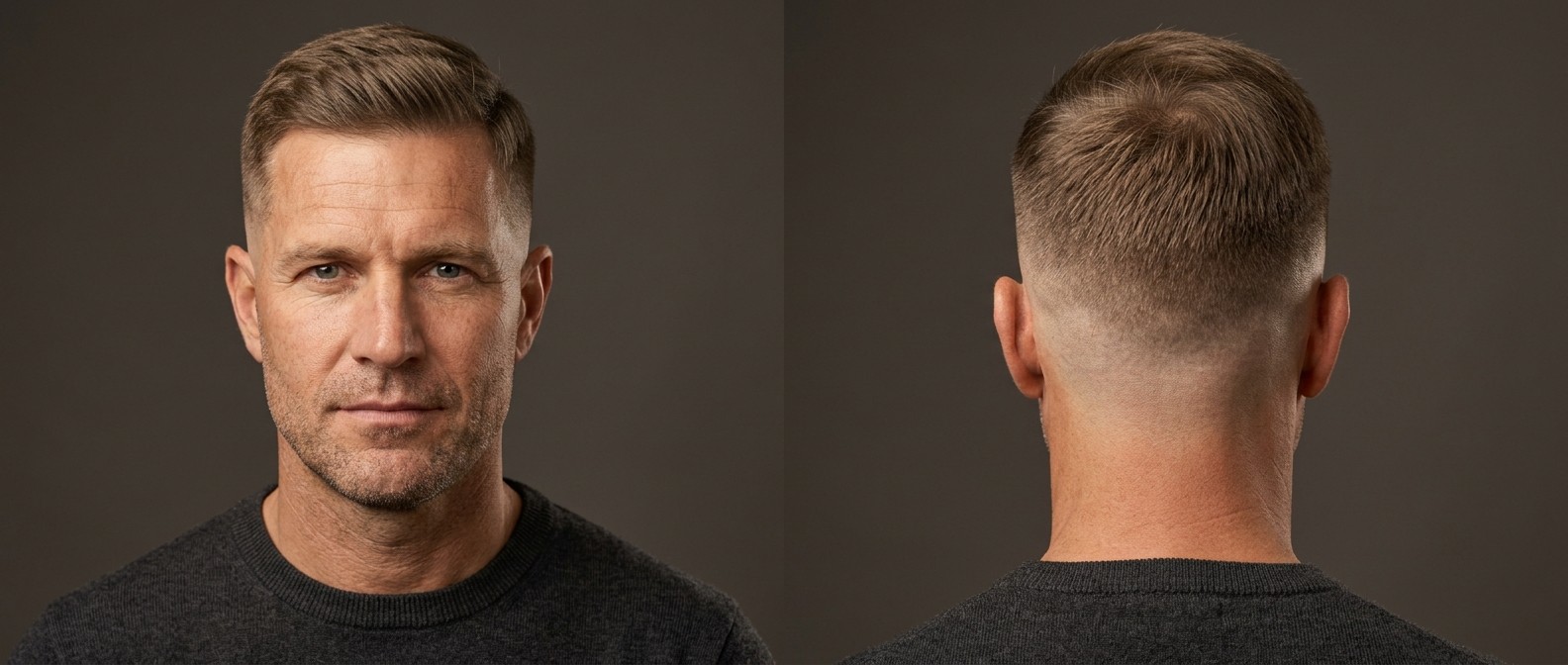 Mature Caucasian man with a classic Regulation Cut featuring a skin fade on the sides and a short, side-swept top, paired with light stubble.