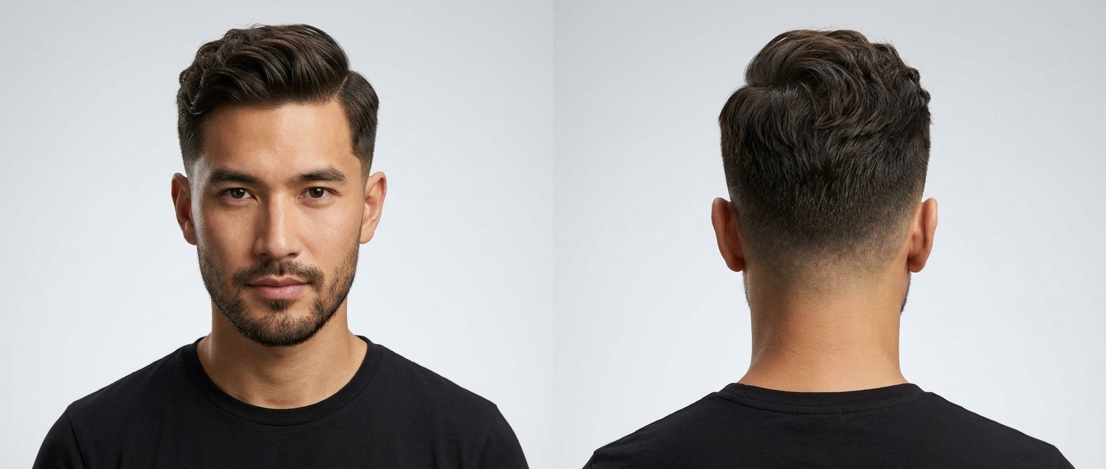 Front and back view of an Asian man with an olive complexion sporting a wavy regulation cut, high taper fade, and a short, well-groomed beard.