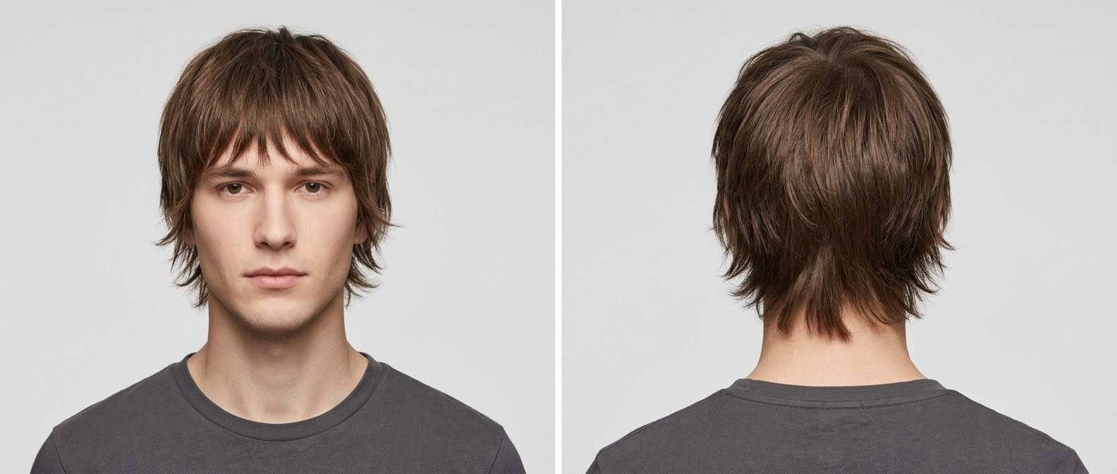 Front and back view of a young man with light skin and brown hair modeling a modern, textured straight shag haircut with a choppy fringe and wispy neckline.