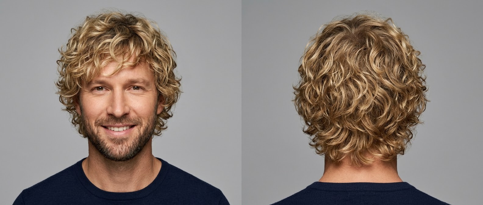 Front and back view of a 40-year-old Caucasian man with a blonde, medium-length curly shag haircut and a short beard, set against a grey background.