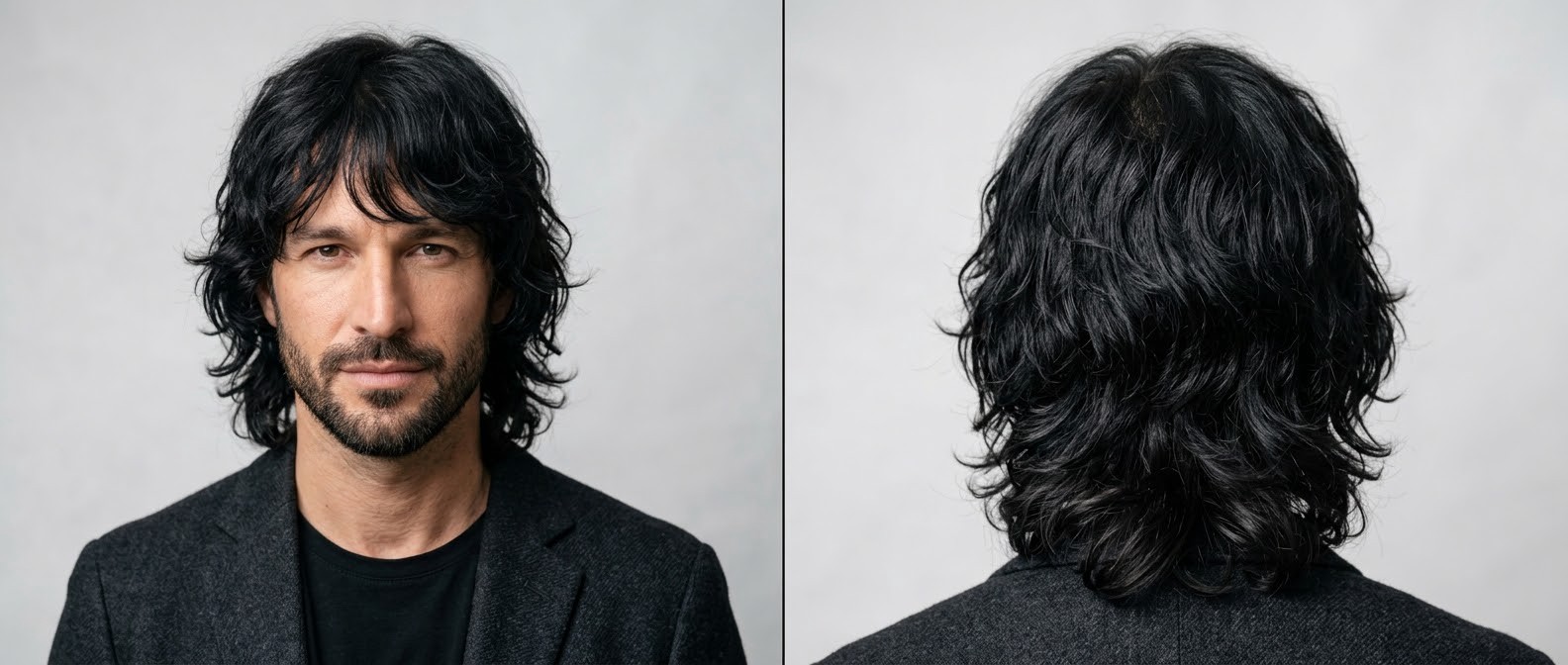 Front and back view of a 40-year-old man with a short beard wearing a modern wavy black shag haircut with textured fringe and collar-length layers.