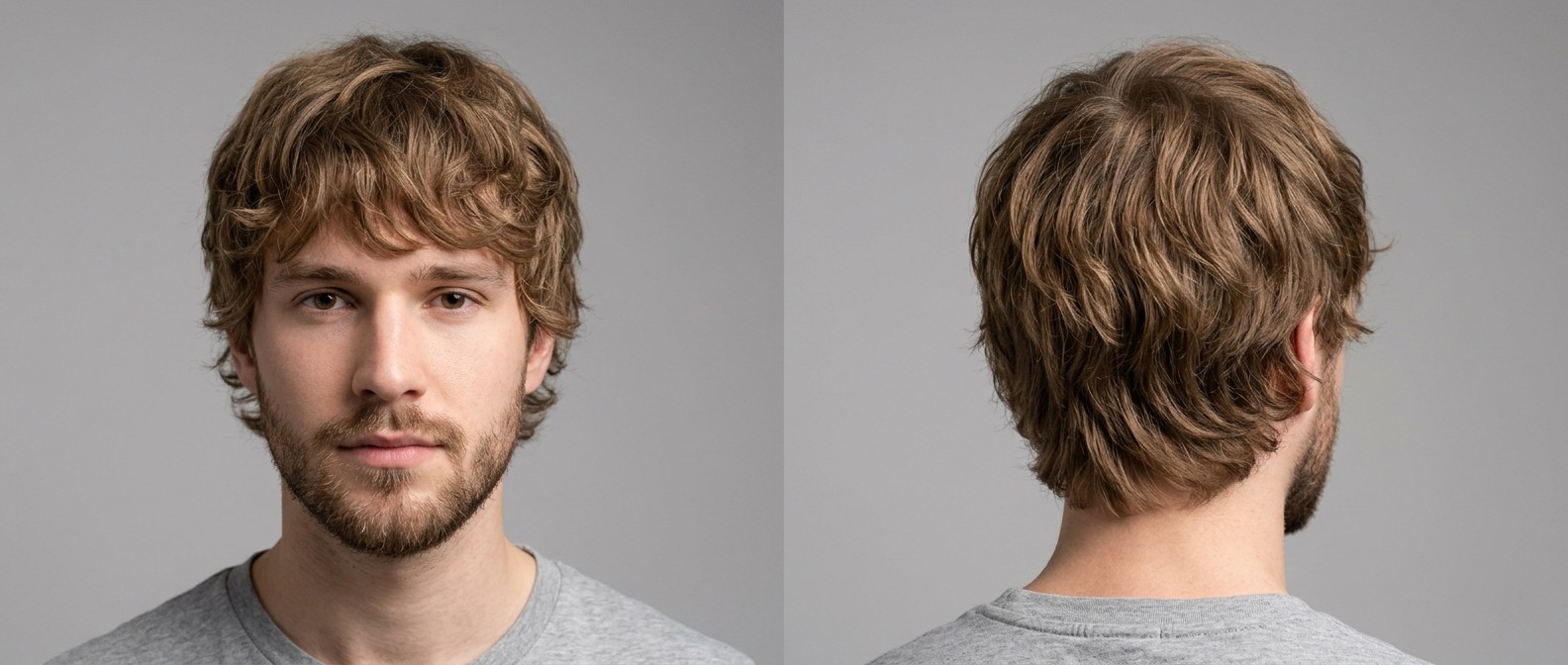 Young man with a modern light brown wavy shag haircut, featuring a textured fringe, layered sides, and a natural neckline paired with a short beard.