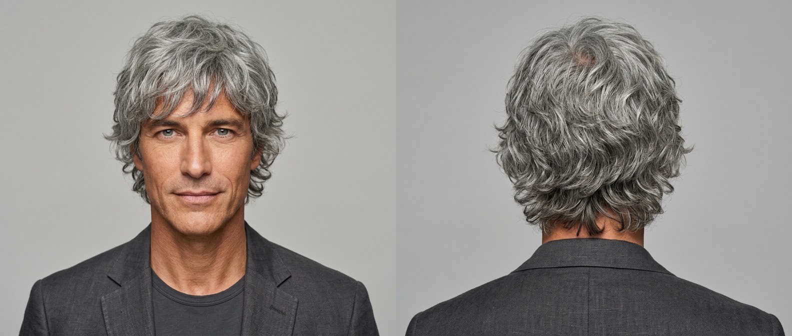 Older man with an elegant silver wavy shag haircut, featuring a soft fringe and collar-length textured back, paired with a casual gray suit.