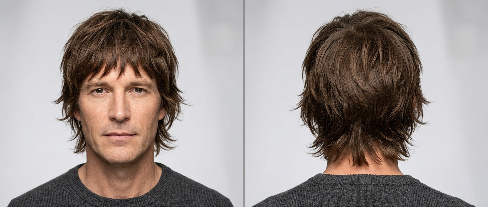 Front and back view of a mature man with a medium-length brown shag haircut featuring a heavy textured fringe and wispy, slightly flicked ends.