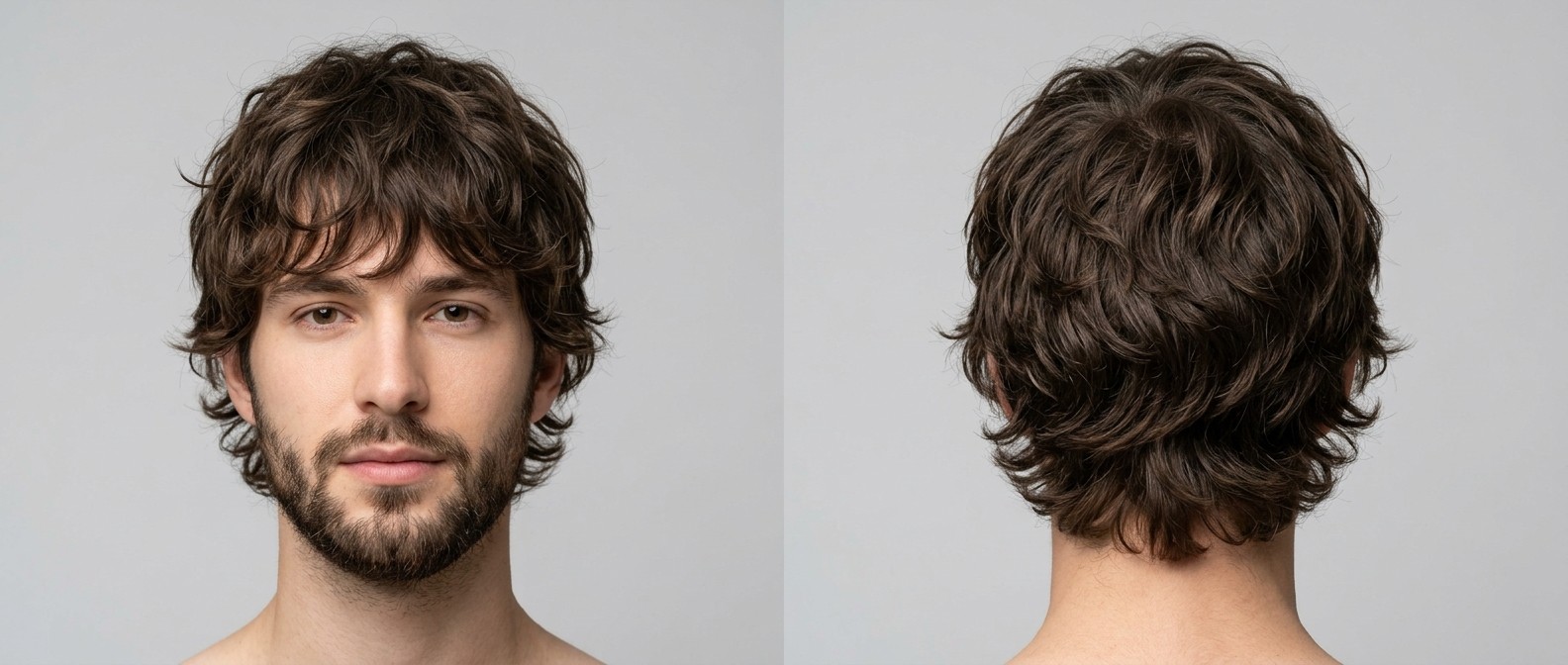 Front and back view of a young man with a modern dark brown wavy shag haircut, featuring a textured fringe, layered crown, and a neatly trimmed beard.