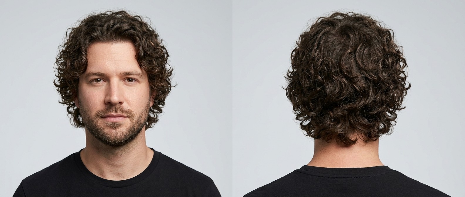Front and back view of a Caucasian man with a short beard modeling a medium-length curly shag hairstyle featuring dark brown, defined Type 3 ringlets.