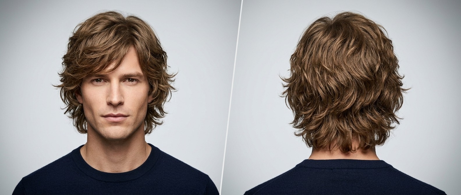 Front and back view of a young man with a medium-length layered wavy shag haircut, featuring a sweeping fringe and textured flicked-out nape.