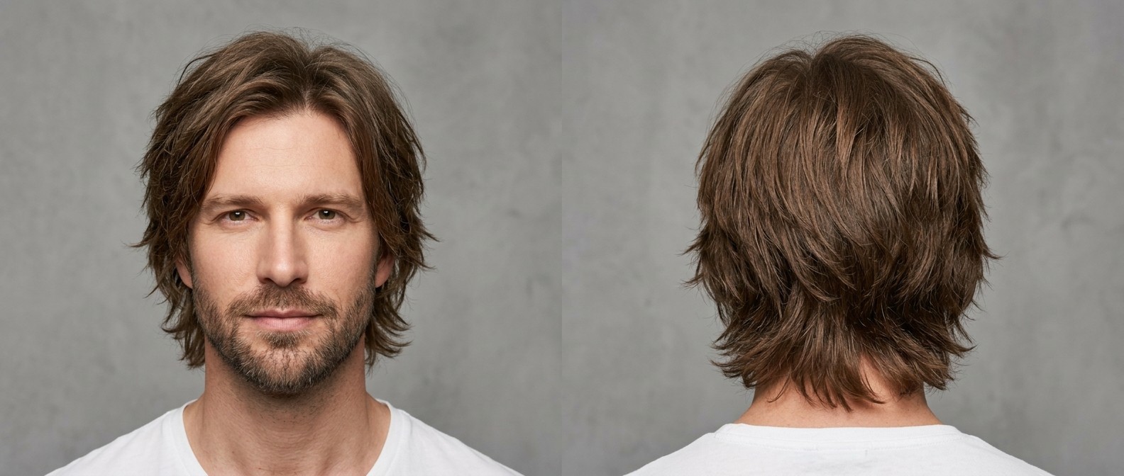 Front and back view of a Caucasian man aged 35-45 with a brown layered shag haircut, sweeping fringe, textured nape, and a short beard.