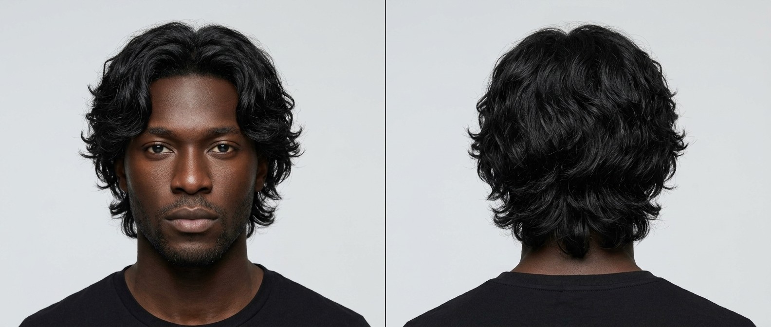 Front and back view of a young Black man with thick, glossy, Type 2 wavy black hair styled in a medium-length layered shag haircut with a soft middle part.