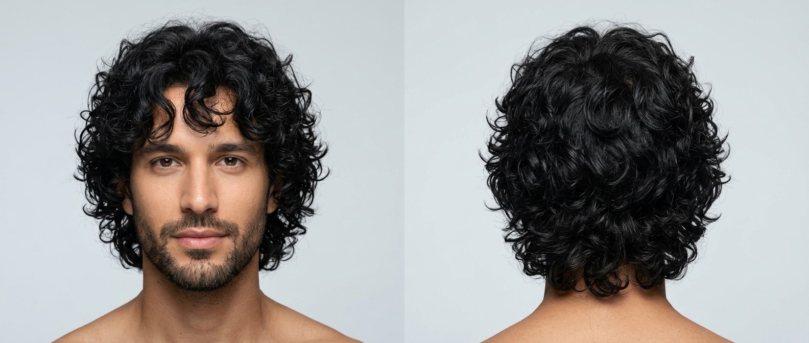 Front and back view of a man with medium skin and a short beard rocking a voluminous, thick, black curly shag haircut.