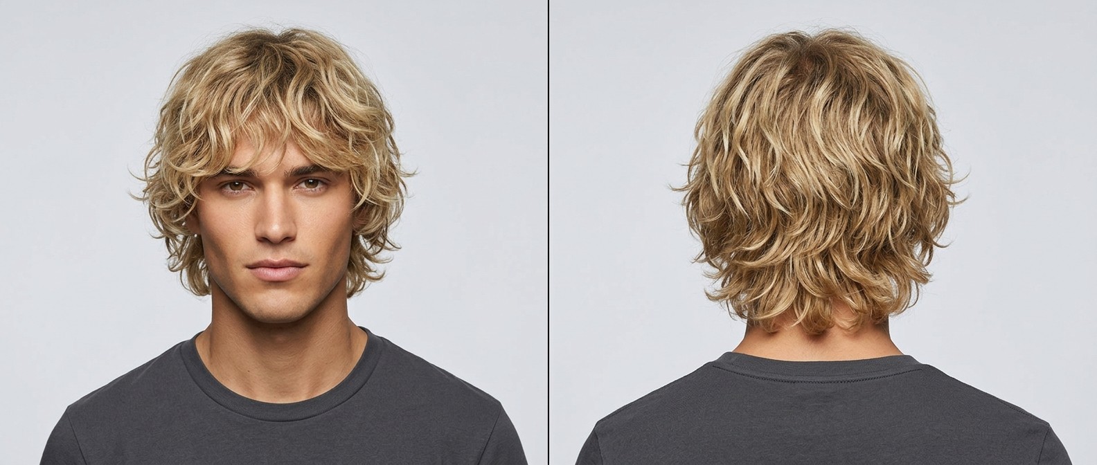 Front and back view of a young Caucasian man with blonde, thick, type 2 wavy hair styled in a modern layered shag with a textured fringe.