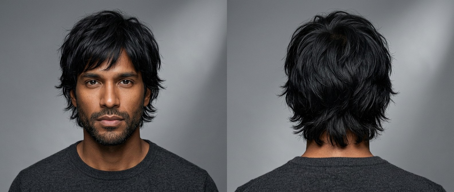 Front and back view of a Latino man in his 30s with a modern black layered shag haircut, sweeping fringe, and a short groomed beard.