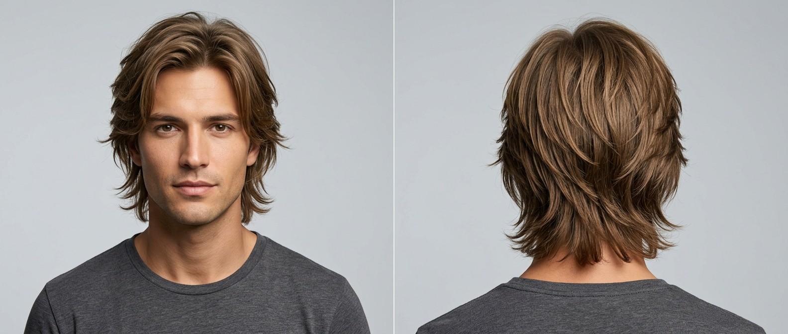 Front and back view of a young man with light brown hair wearing a medium-length layered straight shag haircut with a center-parted curtain fringe.