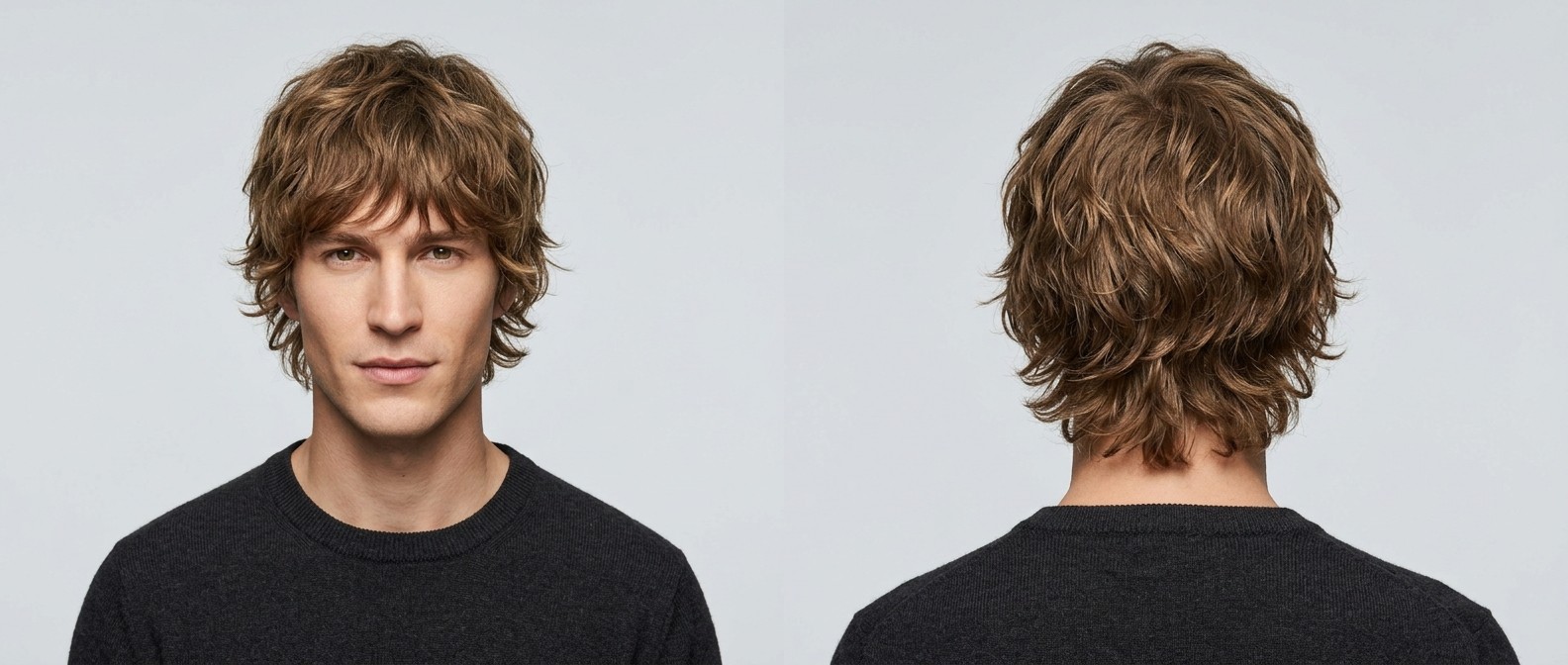 Front and back view of a young man with a light brown, wavy shag haircut featuring a textured fringe, layered sides, and a feathered, flipped-out nape.