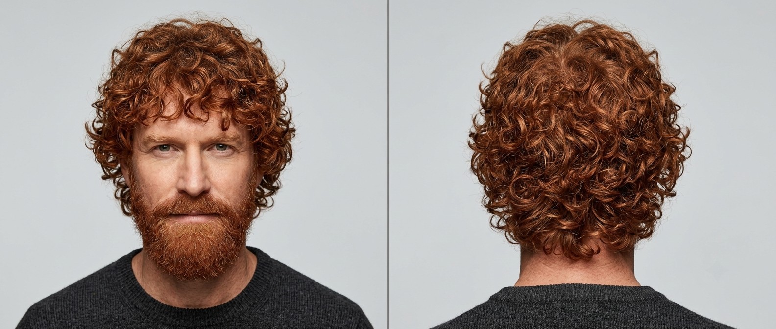 Mature man with vibrant red Type 3 curly hair styled in a rounded shag haircut, paired with a full auburn beard against a light grey background.