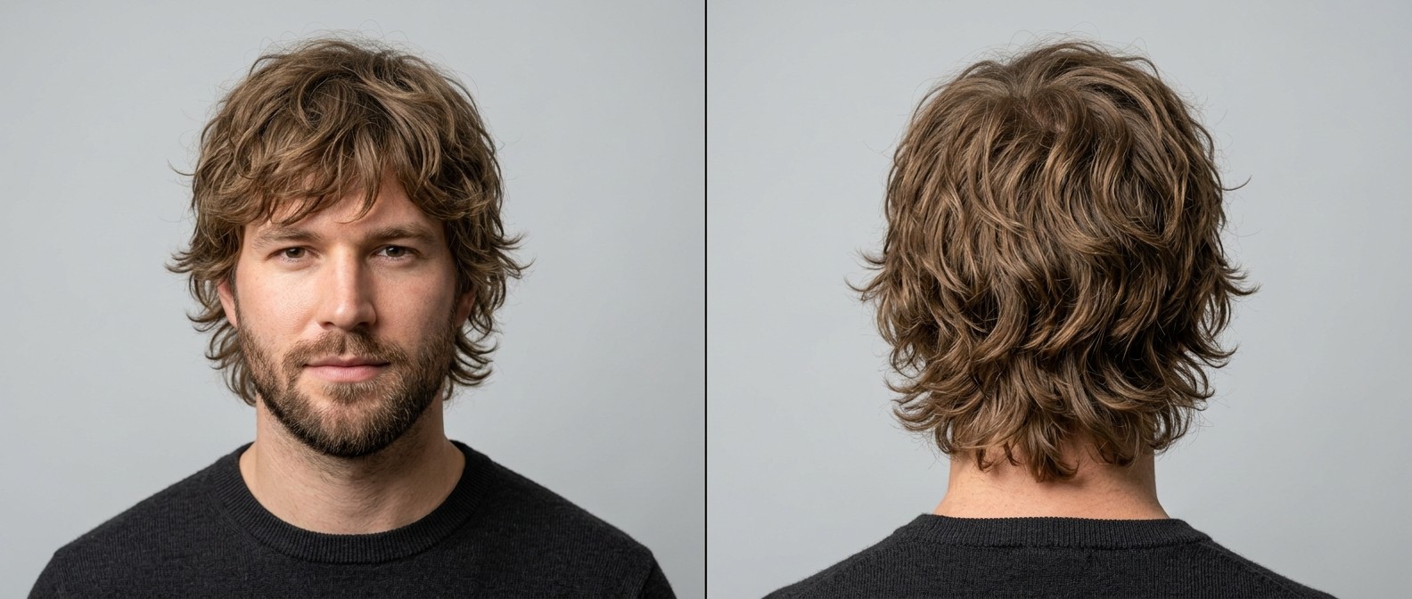 Front and back view of a Caucasian man with a light brown, wavy shag haircut featuring a textured fringe, layered sides, and a short beard.