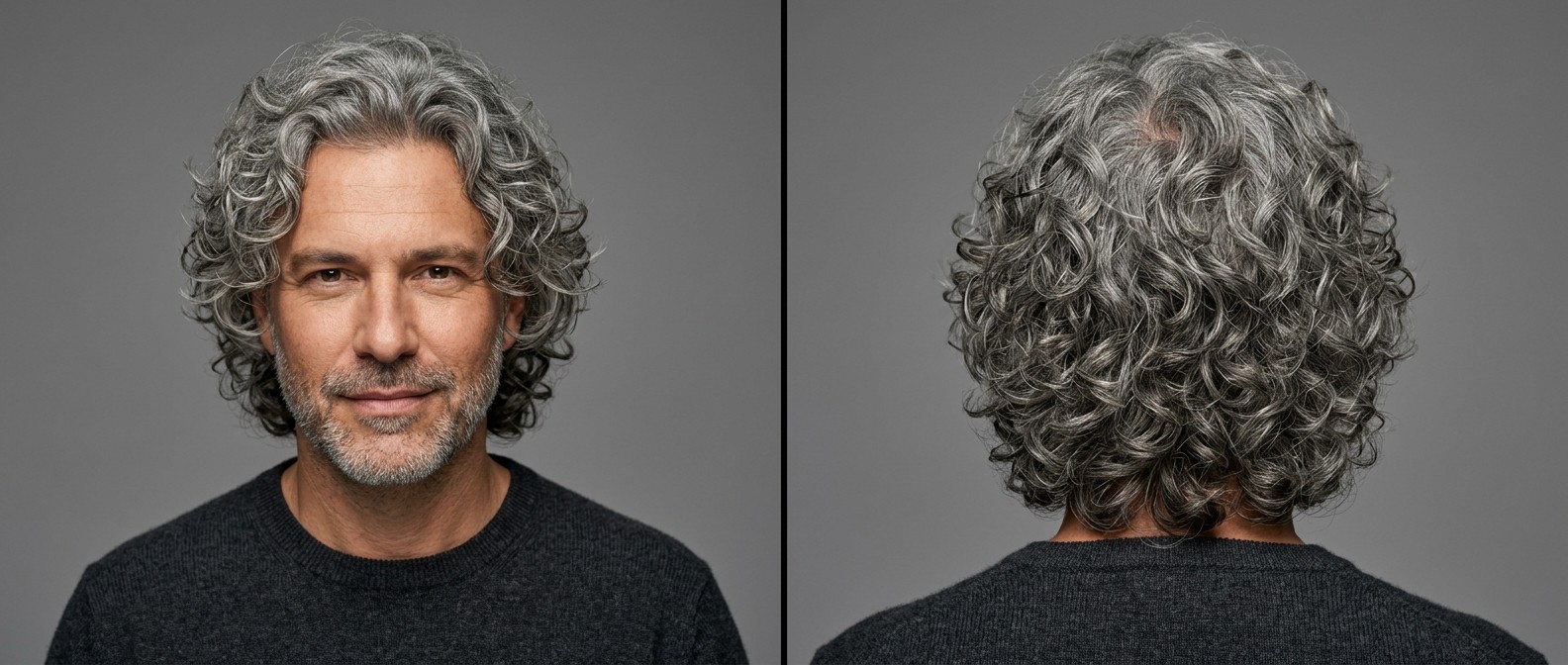 Split image showing front and back views of a mature man with medium skin and a long, layered silver curly shag hairstyle.