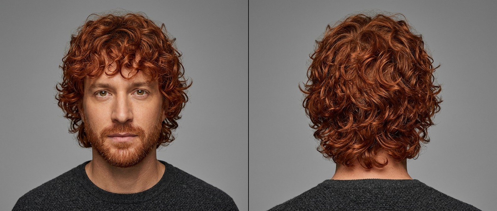 Front and back view of a 35-45 year old Caucasian man with a copper red curly shag haircut, heavy textured fringe, and a short matching beard.