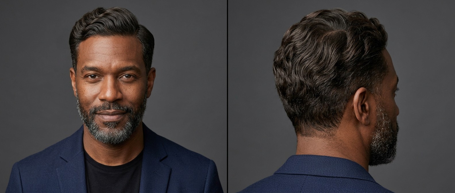 Mature Black man with a salt-and-pepper beard modeling a classic wavy side part hairstyle with tapered sides and a swept-back voluminous front.
