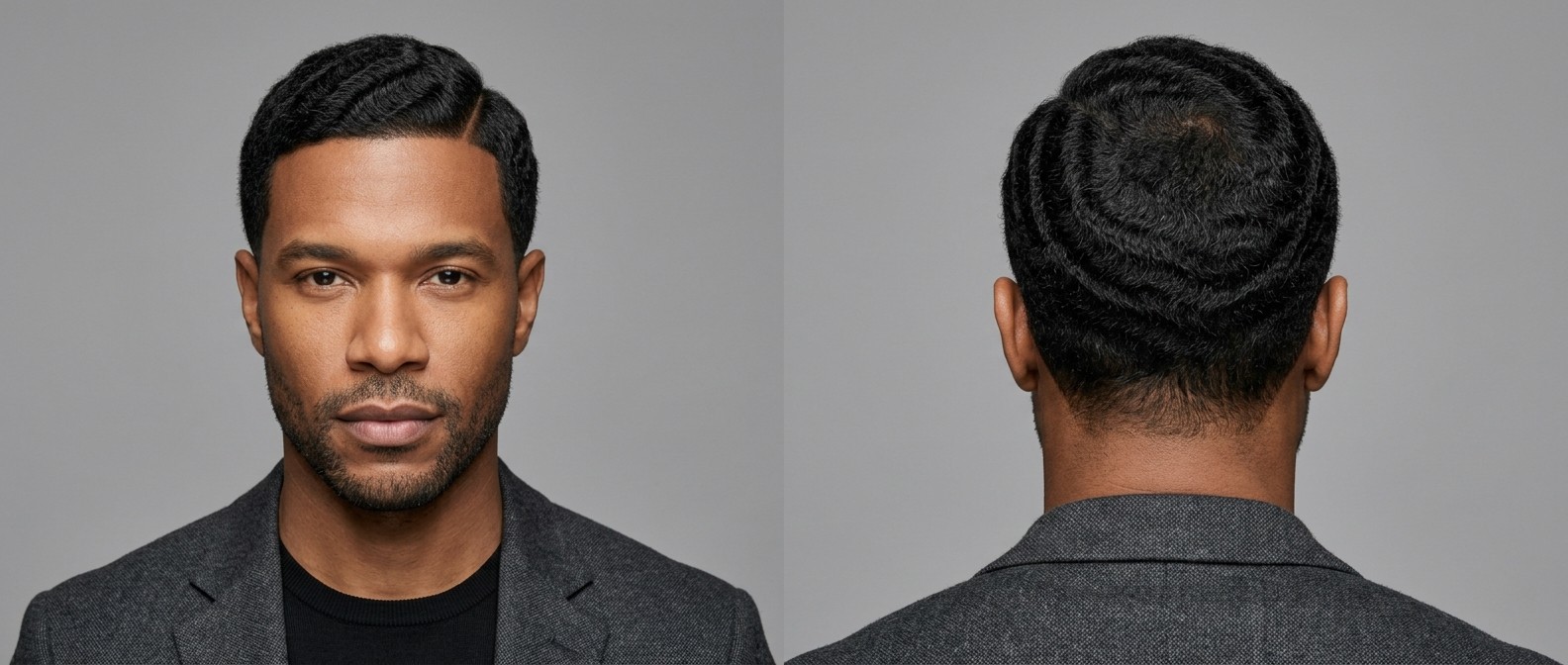 Black man aged 35-45 showcasing a polished 360 wave hairstyle with a precise hard side part, sharp front edge-up, widow's peak, and light stubble.