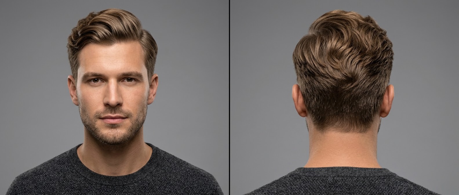 Front and back view of a handsome man with an elegant wavy side part, featuring medium sweeping volume on top and cleanly tapered short sides.