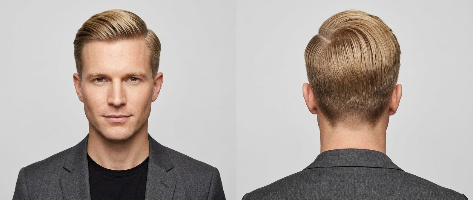Front and back view of a blonde man aged 35-45 with a classic executive side part, medium top volume, and neatly tapered short sides.