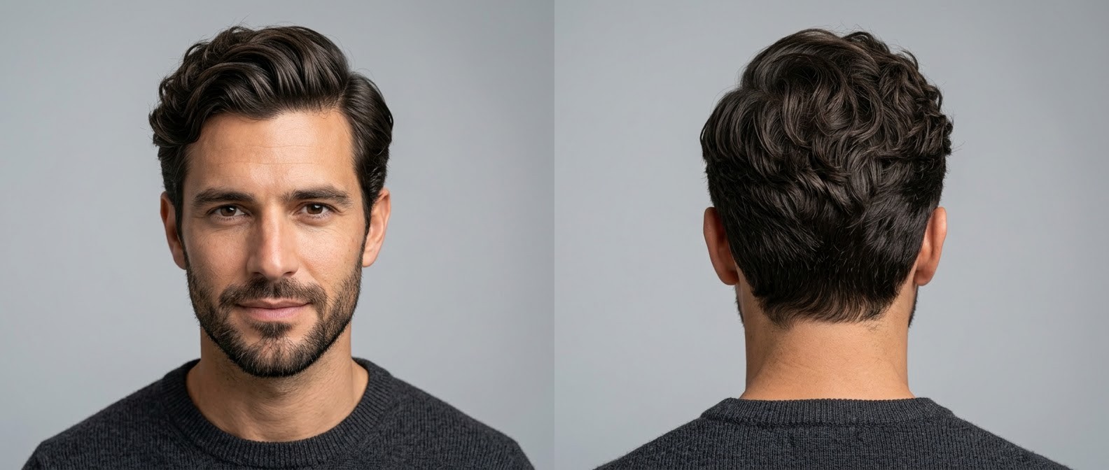 Handsome man aged 35-45 with a short beard wearing a formal wavy side part hairstyle with voluminous front sweep and scissor-cut tapered sides.