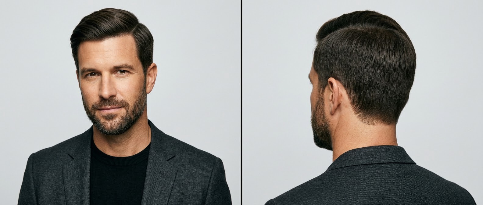 Mature Caucasian man with a neatly groomed short beard modeling a classic executive side part haircut for thick straight hair, wearing a dark suit.
