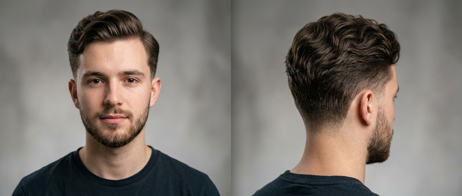 Junger Mann mit kurzem Bart und welliger Side-Part-Frisur mit Scheren-Taper und voluminösem Deckhaar.