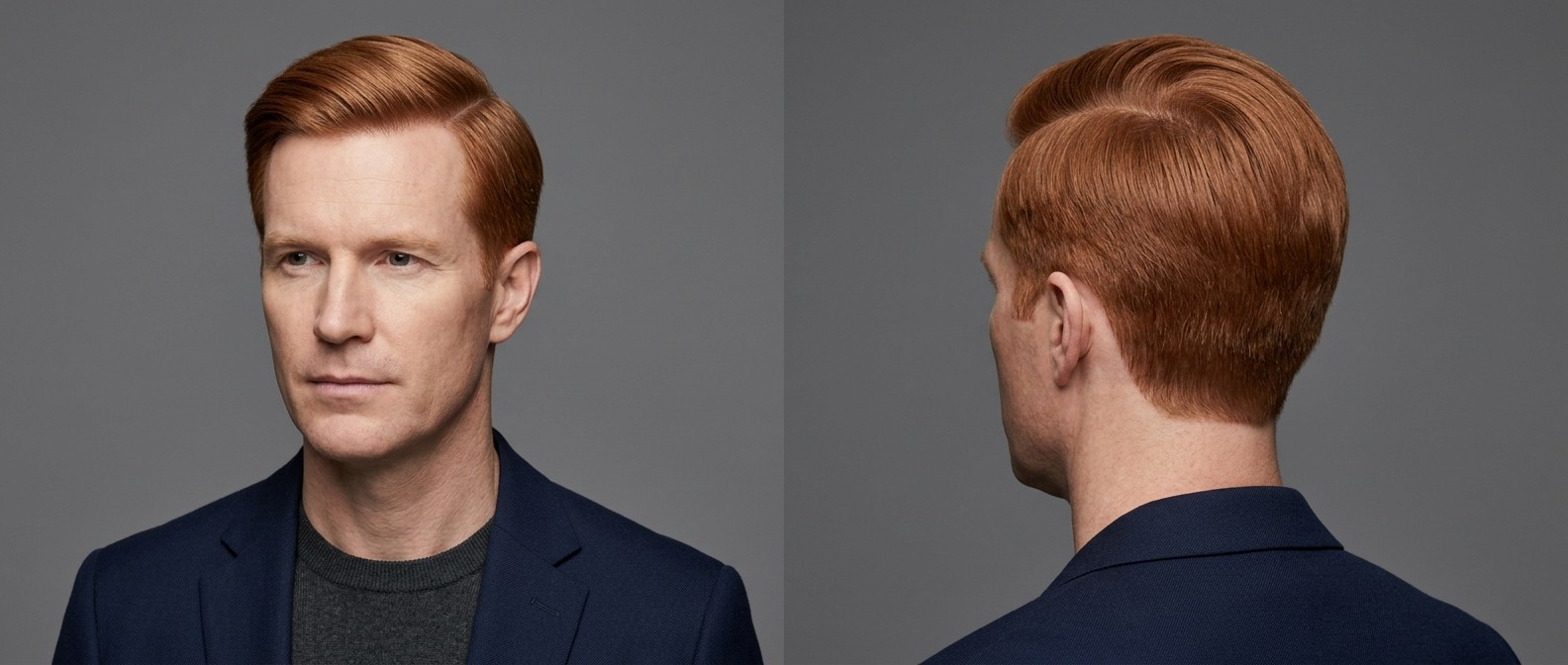 Mature man with straight copper-red hair styled in a classic, medium-length side part featuring scissor-cut sides and perfectly neat comb lines.