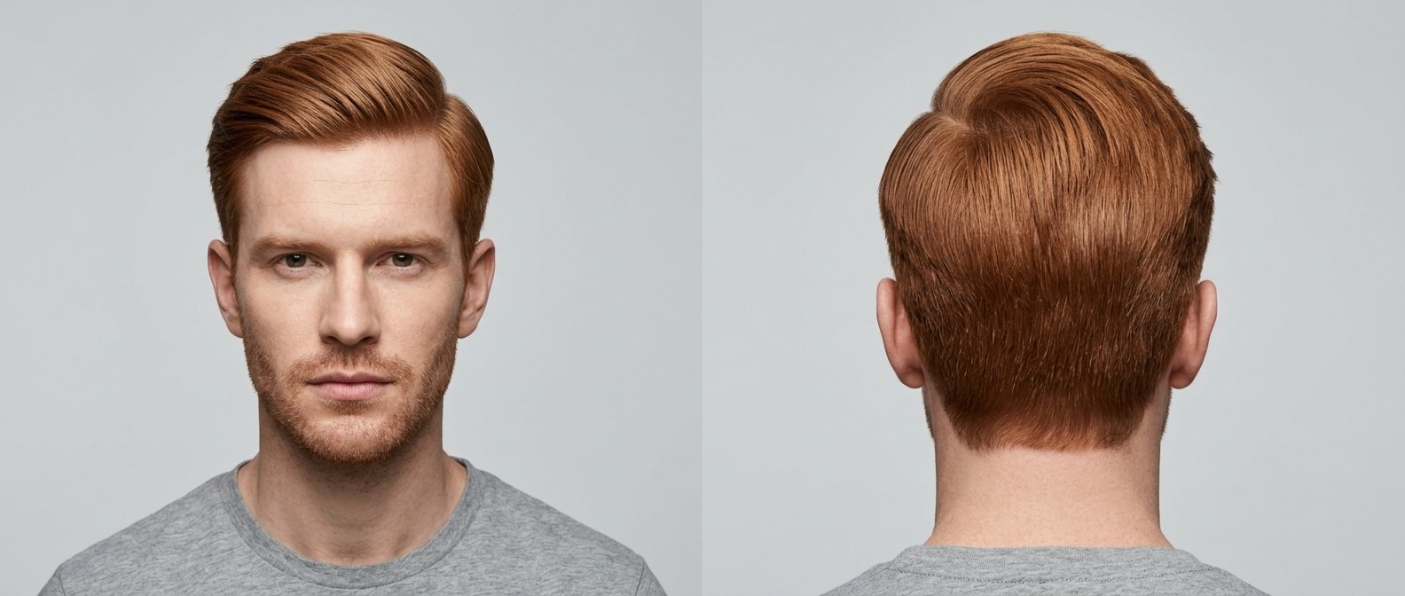 Front and back view of a Caucasian man with thick red hair wearing a classic medium-length executive side part with tapered sides and front volume.