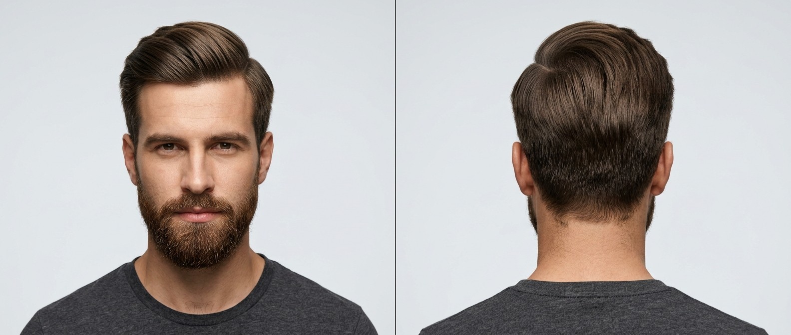 Front and back view of a professional man with a thick beard modeling a classic executive side part with tapered sides and voluminous front sweep.