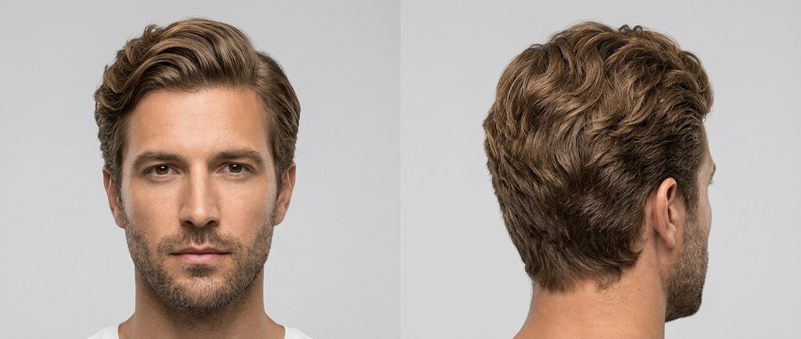 Front and back view of a man with light brown, thick wavy hair styled in a modern, relaxed side part with scissor-cut sides and a tapered back.