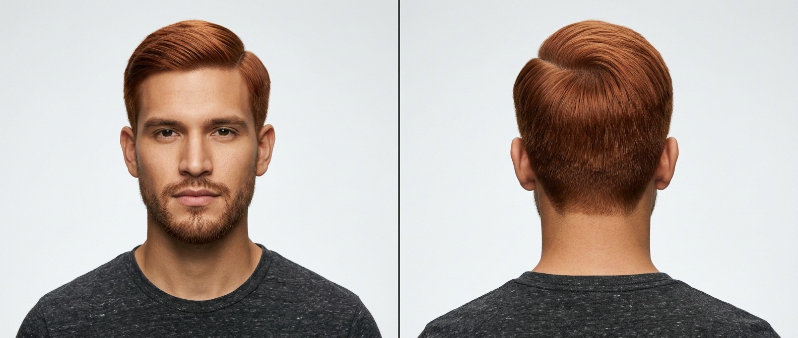 Young handsome man with vibrant red hair modeling a classic, elegant side part hairstyle with short tapered sides and a neatly trimmed short beard.