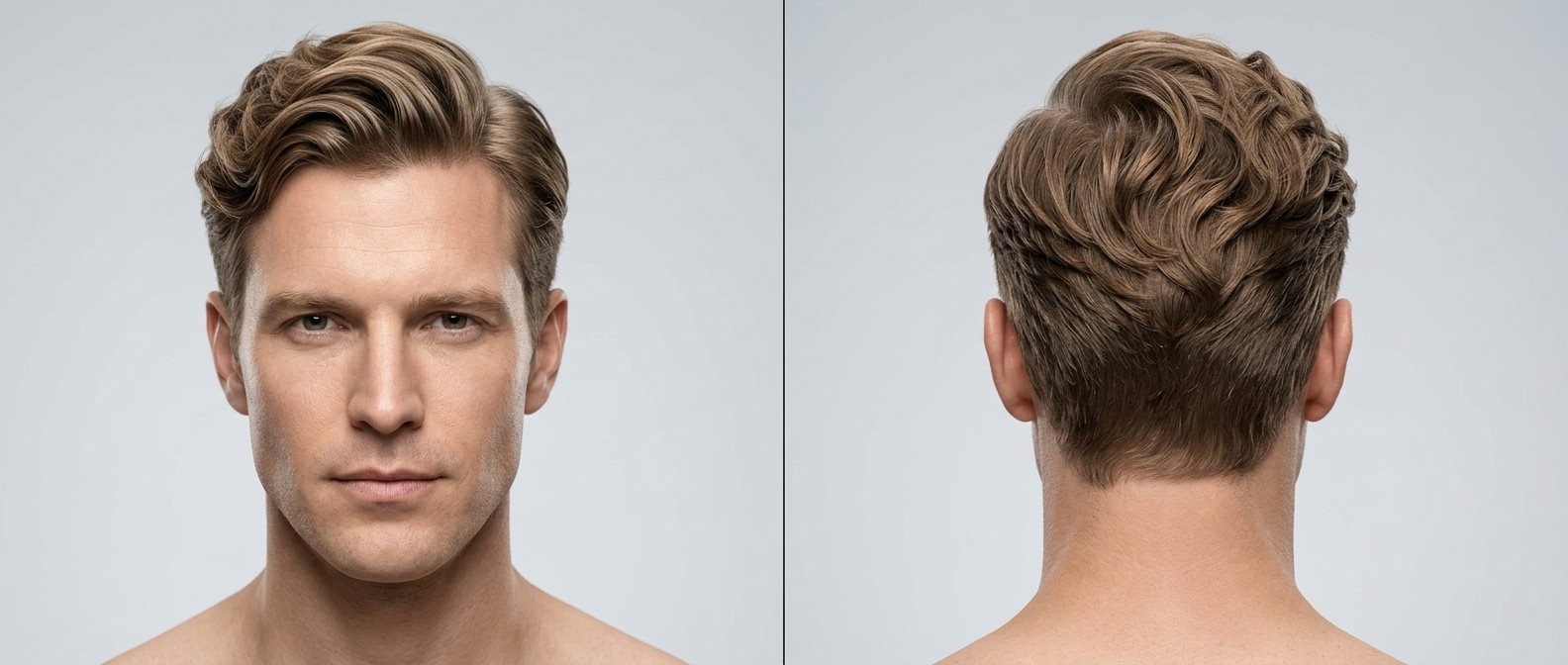 Front and back view of a Caucasian man with a classic wavy side part, featuring swept-up frontal volume and a clean scissor-cut taper on the sides.