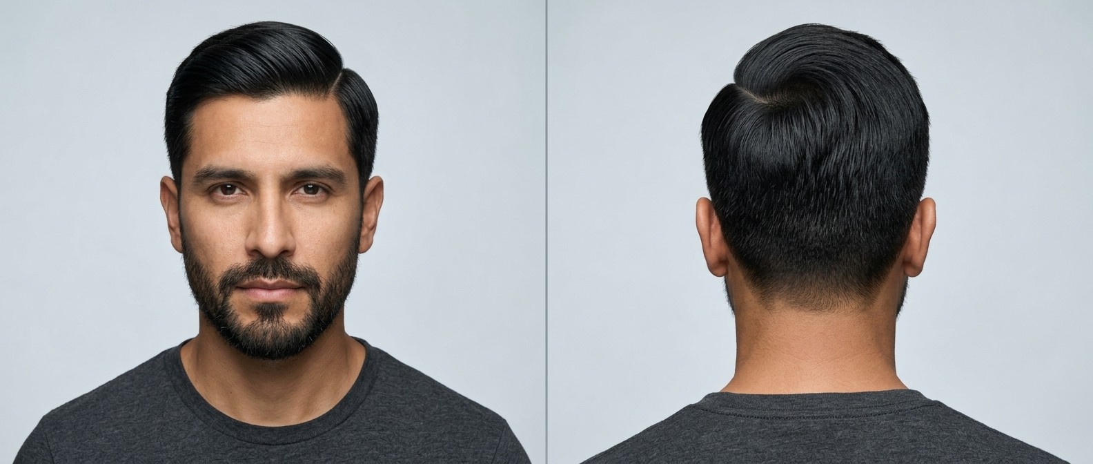 Latino man with a neat beard modeling a classic executive side part haircut with a smooth taper, medium top, and professional styling.
