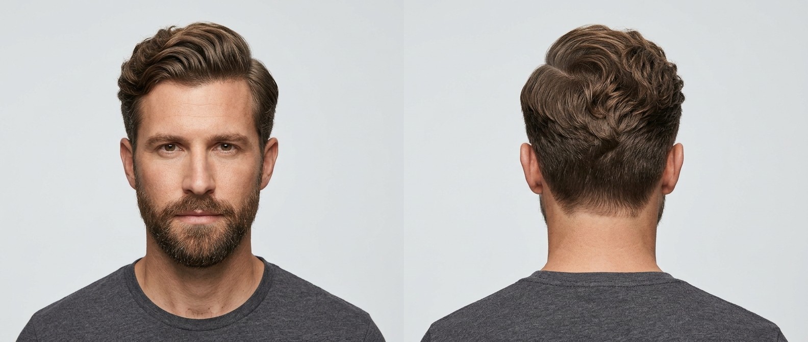 Front and back view of a man with a wavy side part hairstyle, featuring a tapered neckline, sweeping front volume, and a neatly groomed beard.