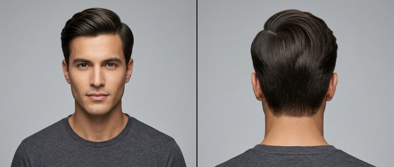 Front and back view of a young professional man with dark brown hair styled in a classic executive side part with tapered sides and medium shine.