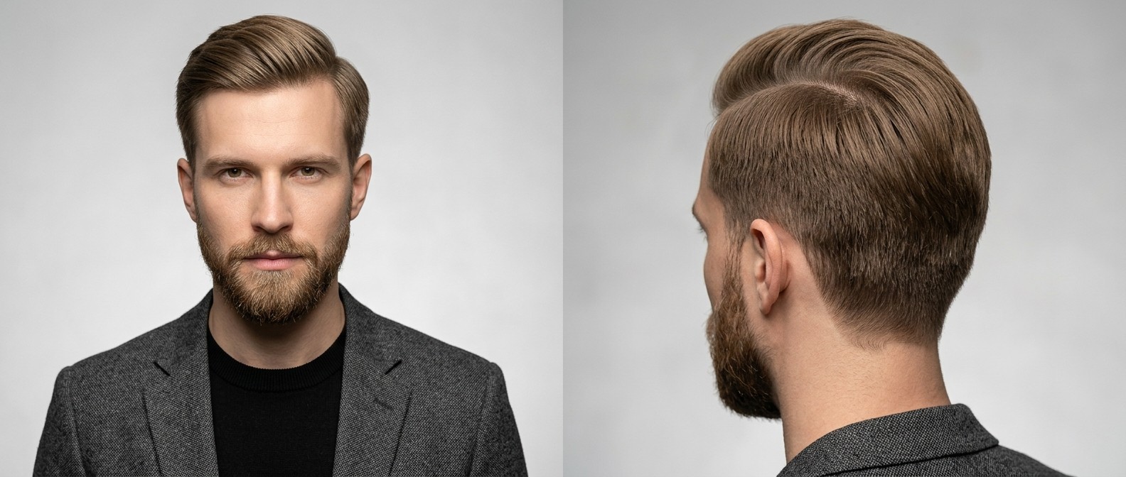 Front and side view of a Caucasian man with a classic tapered side part, swept-back volume, light brown straight hair, and a well-groomed beard.
