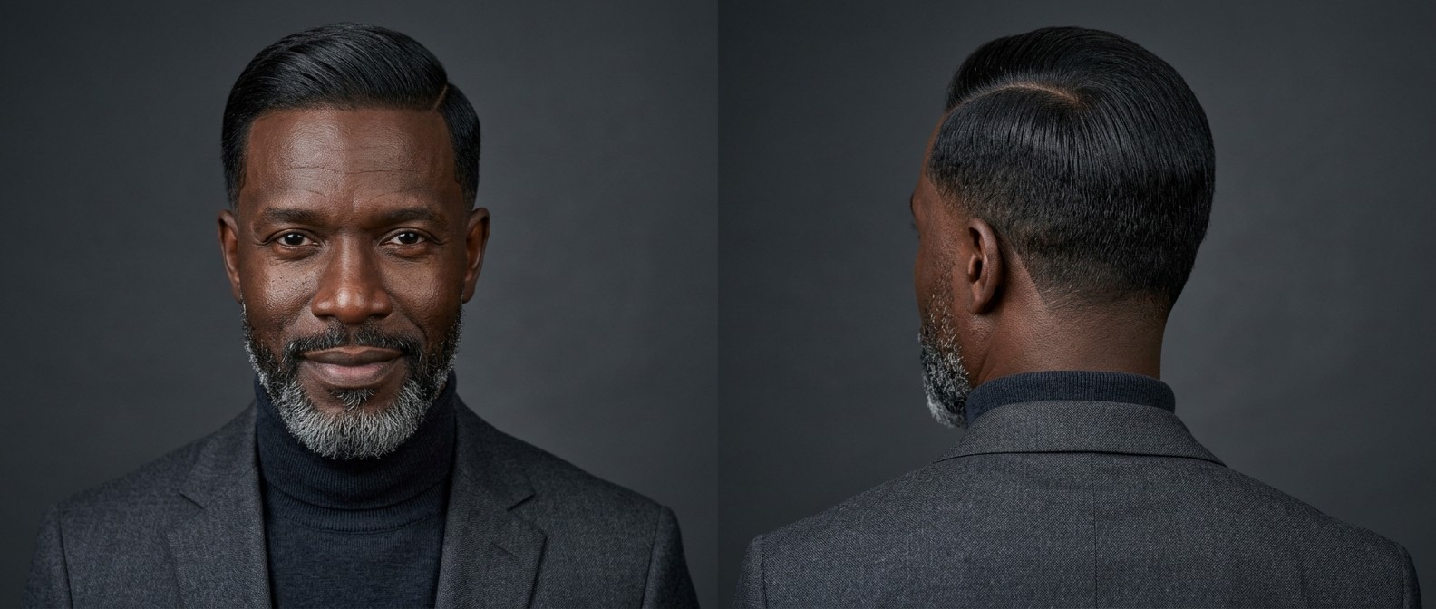 Distinguished older Black man with a sleek, straight executive side part, sharp line-up, tapered sides, and a groomed salt-and-pepper beard.