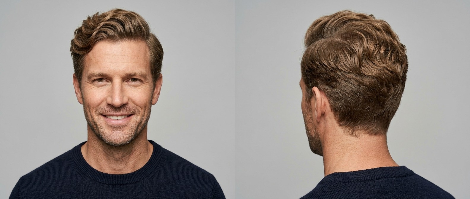 Middle-aged man with thick light brown hair wearing a wavy professional side part, featuring soft scissor-tapered sides and a sweeping voluminous top.