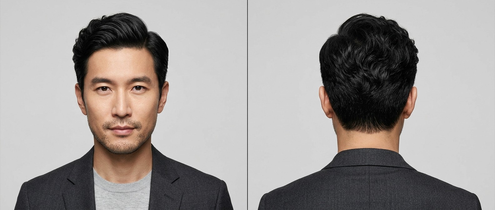 Asian man in his late thirties with thick, wavy black hair styled in a classic side part with medium volume on top and scissor-tapered sides.
