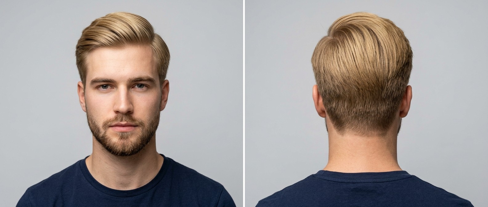 Front and back view of a young blonde man with a classic swept-back side part hairstyle, short neatly tapered sides, and a short groomed beard.