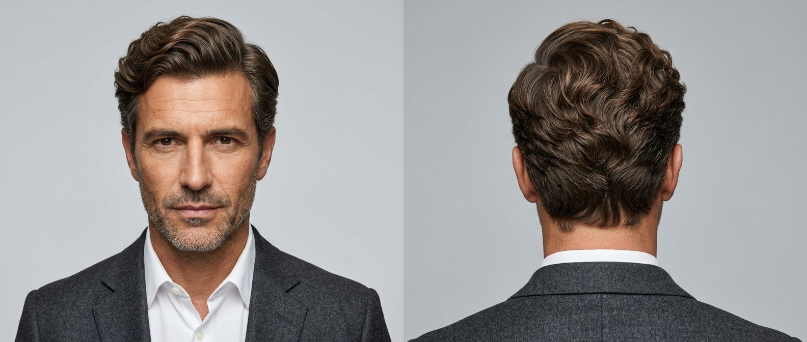 Front and back view of a mature man with olive skin and thick, wavy brown hair styled in a classic, elegant side part with a swept widow's peak.