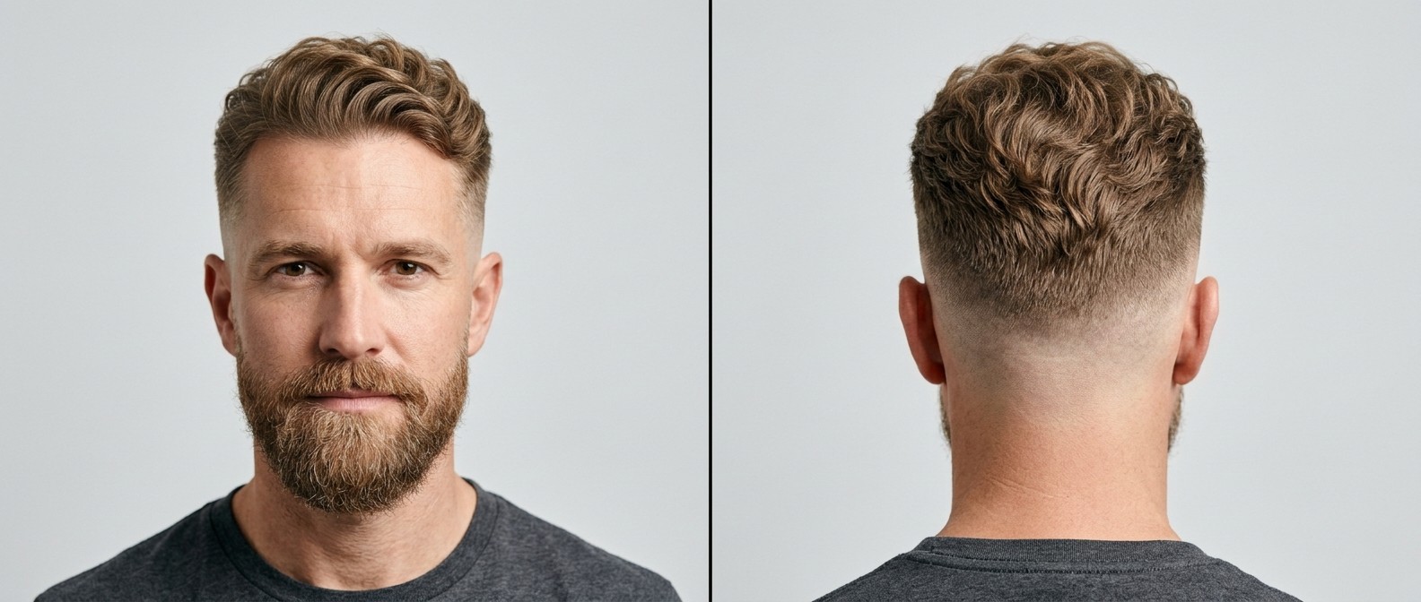 Front and back view of a 45+ man with a high skin fade haircut, textured medium-length wavy top, and a well-groomed beard.