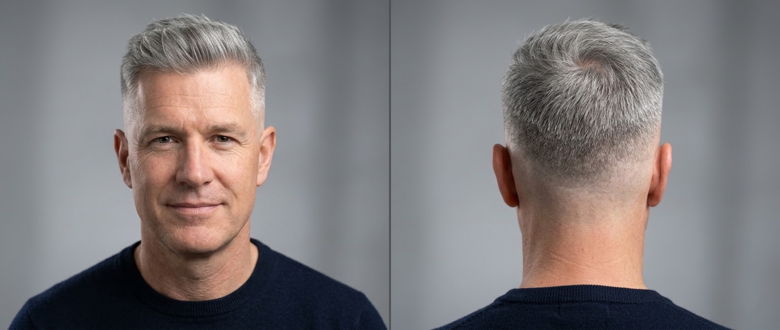 Mature Caucasian man showcasing a modern textured silver quiff with a clean mid-to-high skin fade, displaying both front and back views of the haircut.