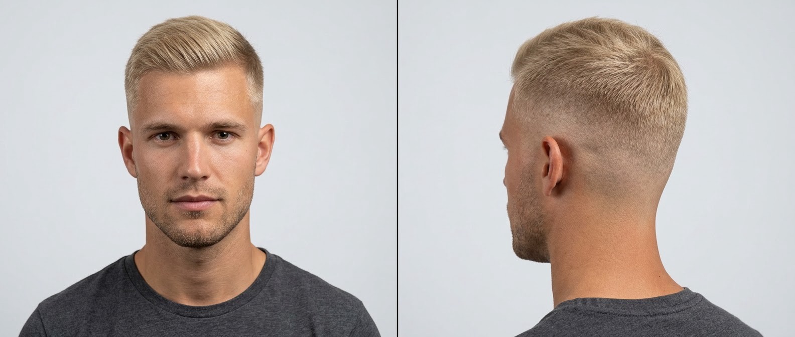 Young blonde man with a high skin fade and short textured side-swept hair on top, featuring a clean, matte finish and light facial stubble.