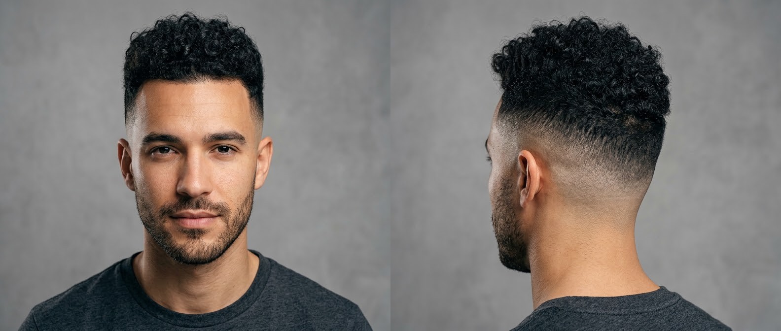 Front and side view of a young man with a high skin fade, short defined curly hair on top, and a sharp line-up, featuring a light stubble beard.