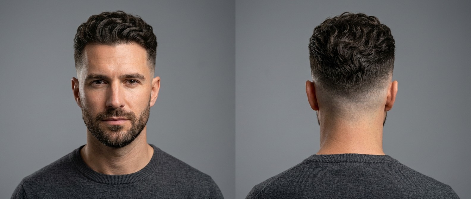 Front and back view of a 40-year-old man with a high skin fade, short beard, and a wavy textured quiff styled upward and backward.